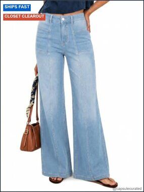 Wide Leg Jeans High Waisted Flared Stretchy Knit Denim Pants with Pockets